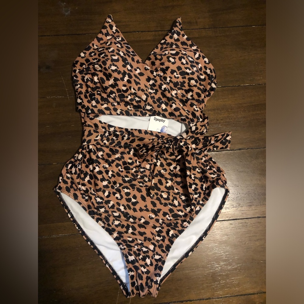 Women’s Leopard One-Piece Swimsuit with Waist Tie - Brown/Black- New With Tag